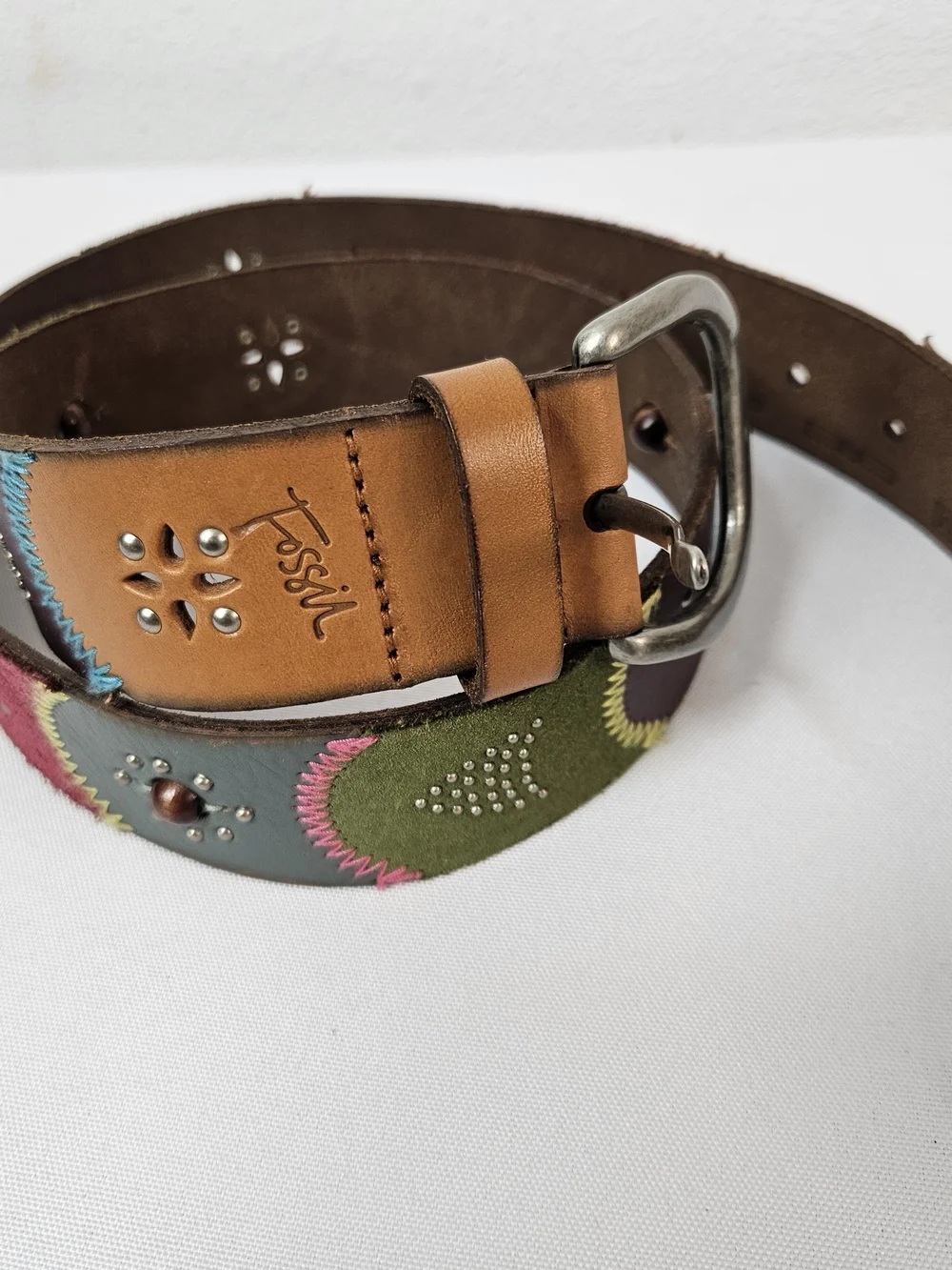 Fossil Leather Multicolor Studded Women's Belt - Green & Pink Accent